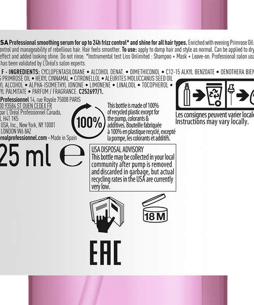 Loreal Pro Serie Expert Liss Unlimited Shine Perfecting Blow-Dry Oil 125 ML